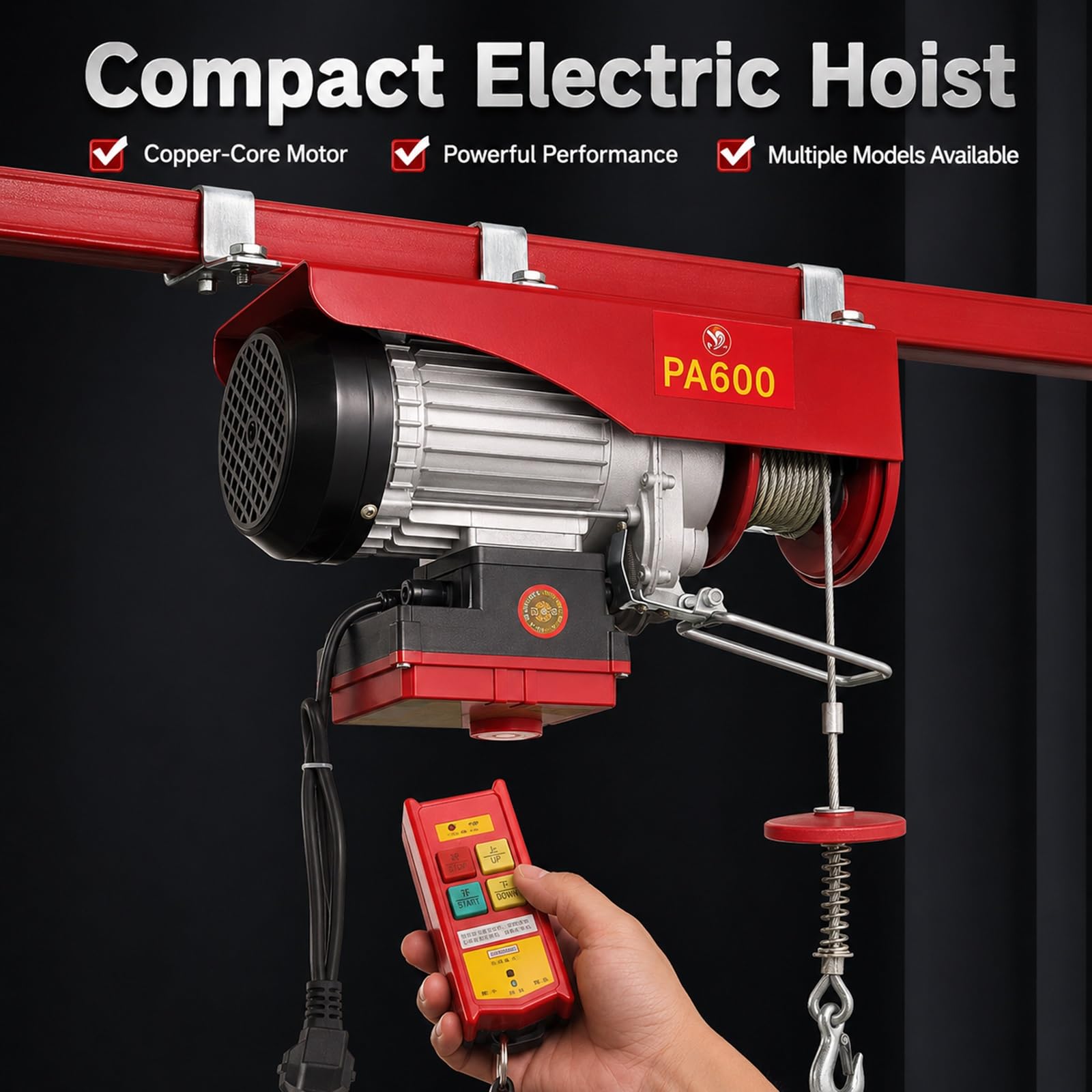 Paranco Elettrico Gru 200-1000kg Capacità di Carico Verricello Robusto | Sollevatore da Garage con Telecomando Senza Fili e Motore in Rame Puro per Magazzino e Cantiere Edile(600KG)