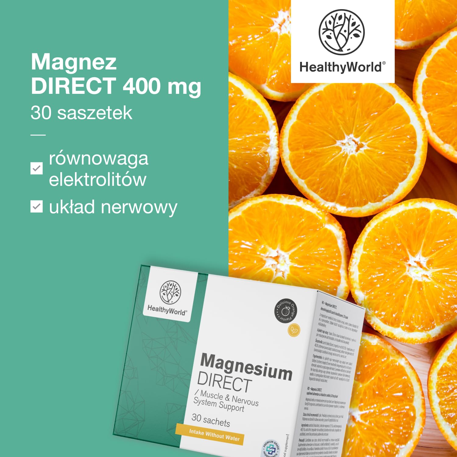 HealthyWorld Magnez DIRECT – 400 mg – Smak pomarańczy – 30 saszetek – Cytrynian + tlenek – Optymalne wchłanianie – Wsparcie dla mięśni i układu nerwowego – Zwiększenie energii