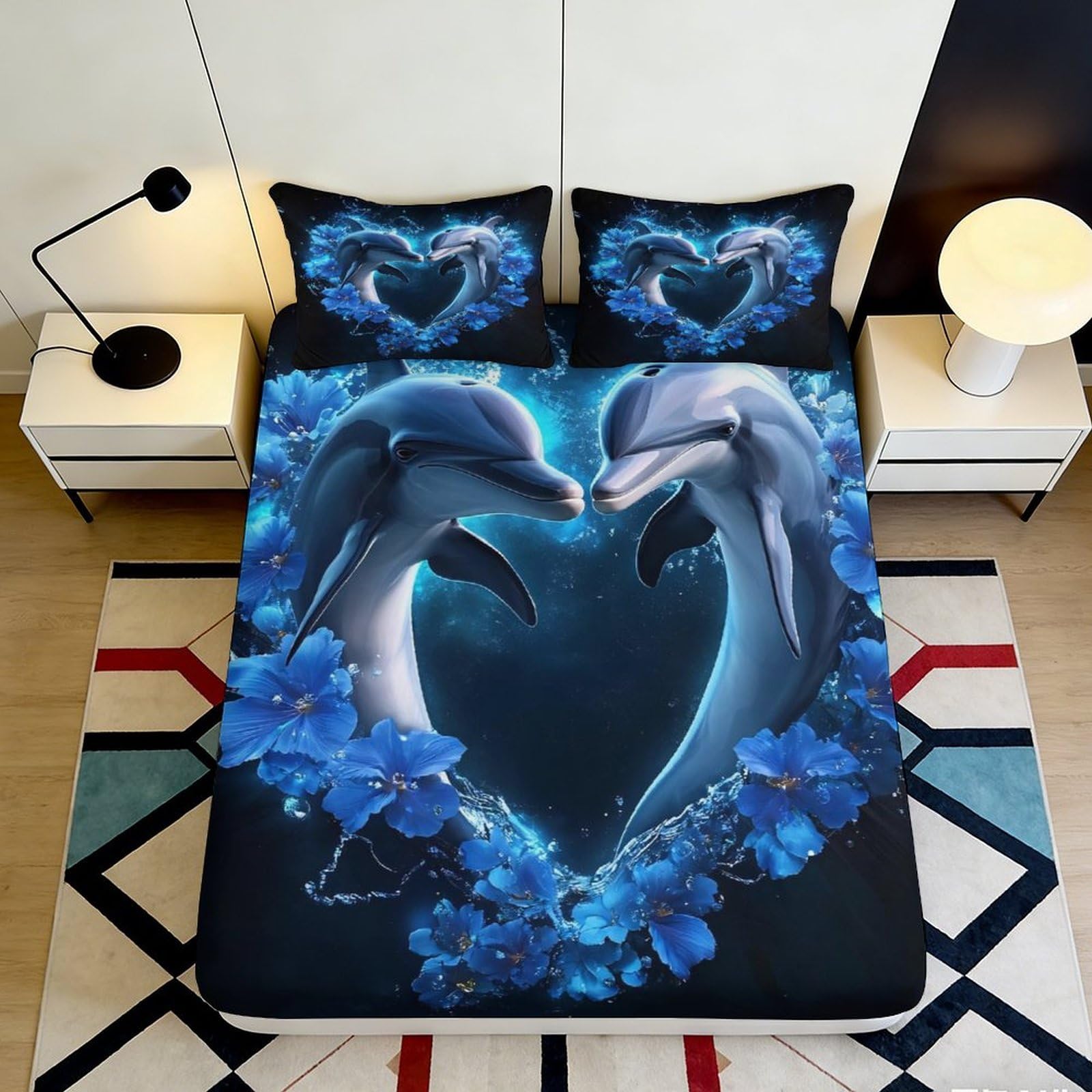 3D Printed Dolphin Ocean Fitted Sheet Microfiber Blue Floral Bed Cover for Bedroom Guest Room Mattress Protection Decor 140x200x25cm