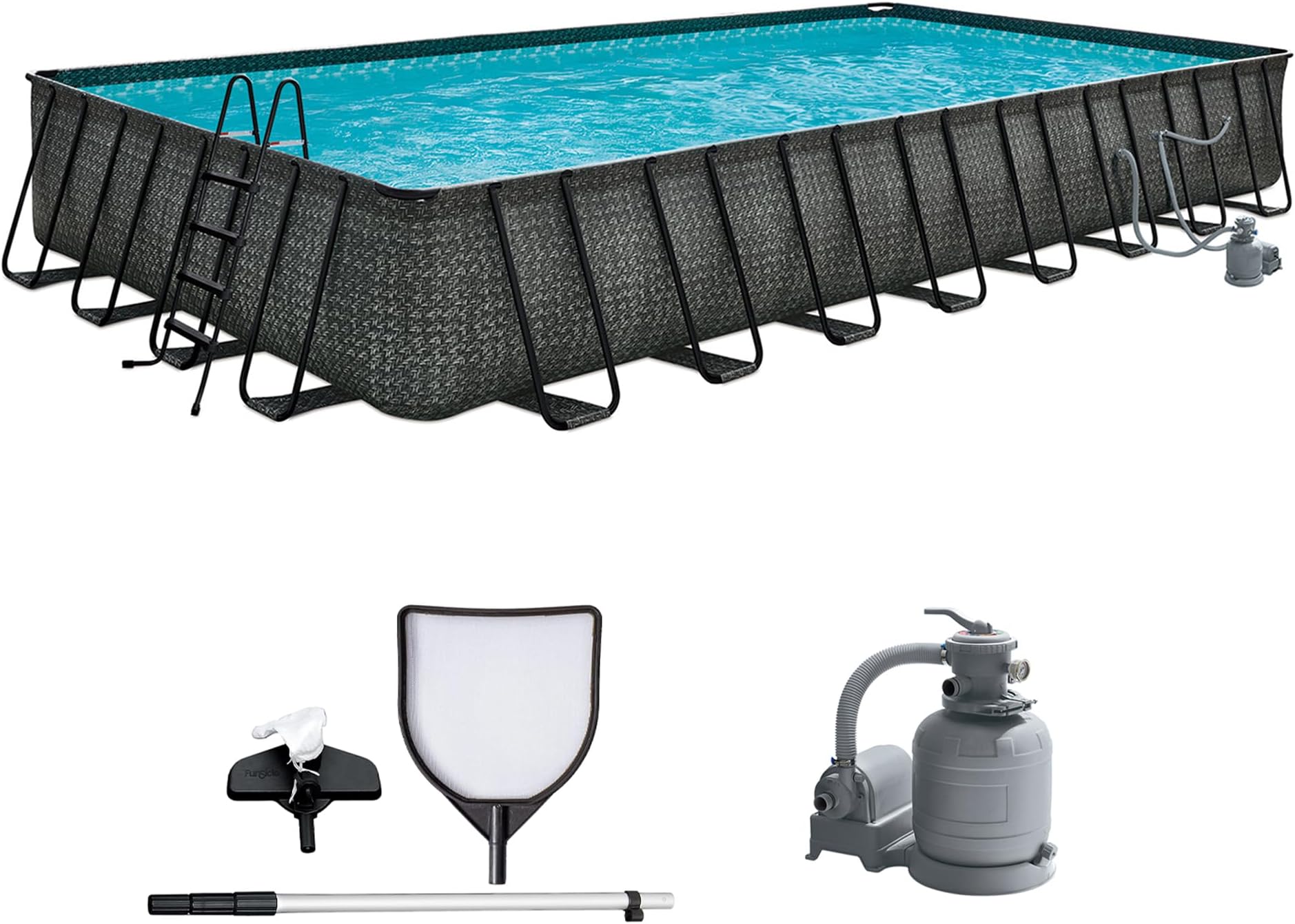 Funsicle Oasis Designer 32' x 16' x 52" Rectangular Above Ground Swimming Pool Set with Sand Filter Pump, Ladder & Maintenance Kit – Easy Setup for Backyard Fun