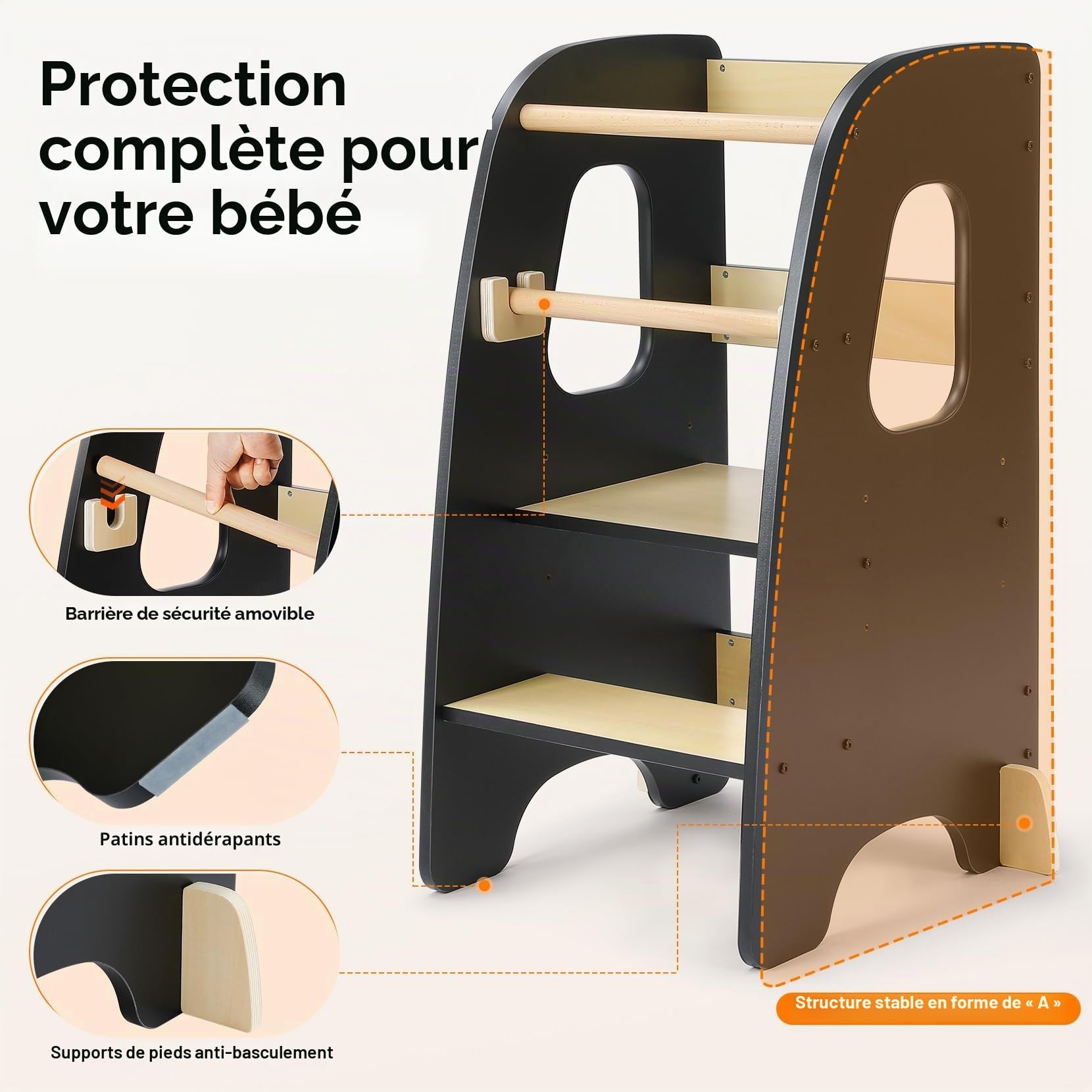 Ezebaby Tour d'apprentissage pour Enfants, Tour d'apprentissage 3 Hauteurs Réglables, Tour d'observation Enfant Montessori, Tour Eveil Bébé en Bois (Noir)
