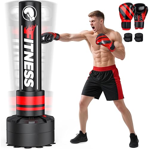 Freestanding Punching Bag for Adults - Heavy Boxing Bag with Stable Base, 12oz Boxing Gloves & Wristband 丨Ideal for MMA, Kickboxing, Home Gym Training