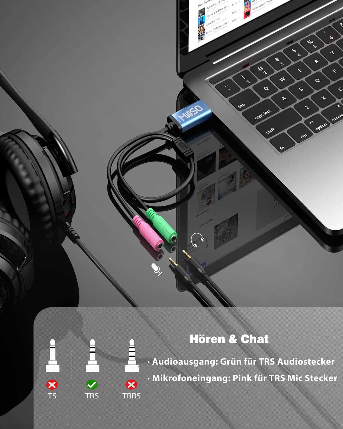 MillSO Zewnętrzna Karta Dźwiękowa USB A na Jack 3.5 mm AUX Adapter Stereo Audio z 2 x Gniazdo Jack 3.5 mm do Komputera, Zestawu Słuchawkowego, Mikrofonu, Laptopa, PC, PS5