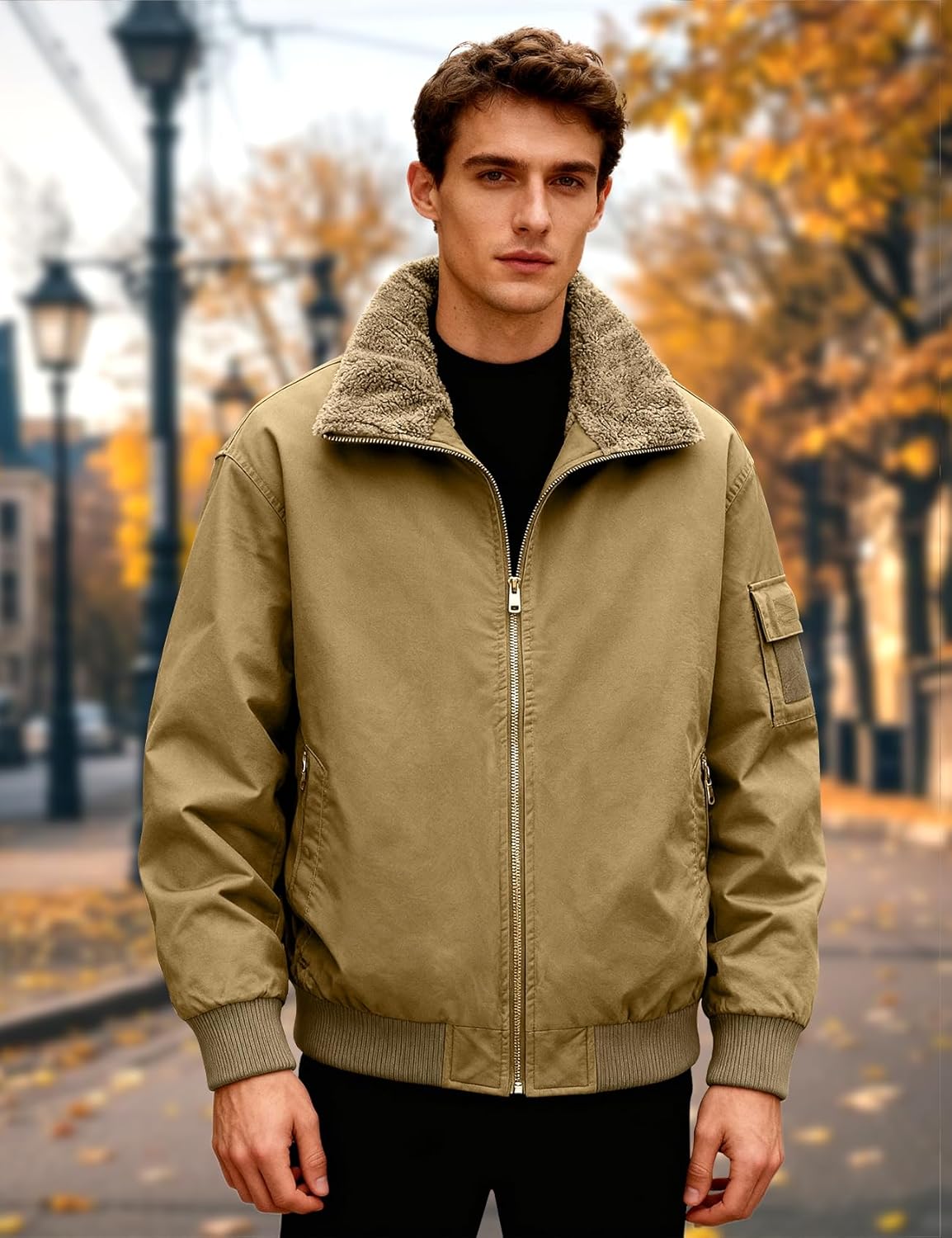 Eisctnd Men's Winter Sherpa Lined Bomber Jacket, Heavy Duty Warm Fleece Coat for Men with Zipper Pockets