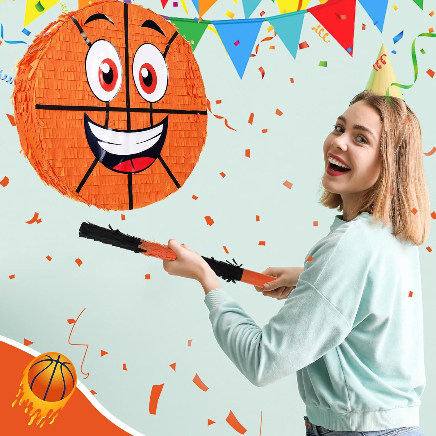 Poen Basketball Piñata Set, Party Piñata Bundle with a Blindfold, Bat and Confetti 13 x 13 x 3 Inch Funny Piñata for Birthday Sports Theme Party Piñata Games Decorations