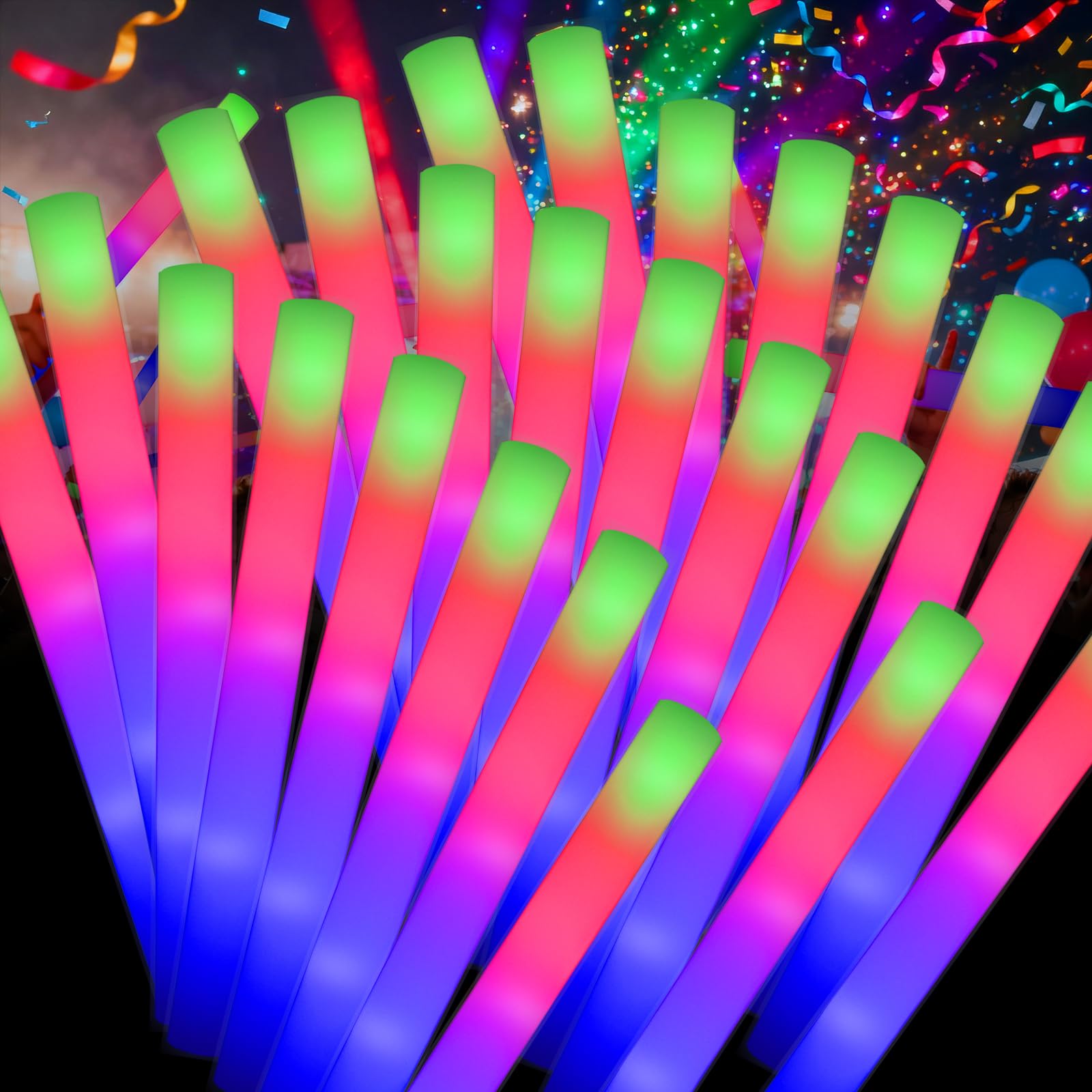 300PCS Foam Glow Sticks Party Packs,Led Light up Flashing Sticks with 3 Mode Flashing,8~10 Hours Long-lasting Glowing Multi Colour Party Supplies for Wedding Birthday Concert Hallowen Christmas