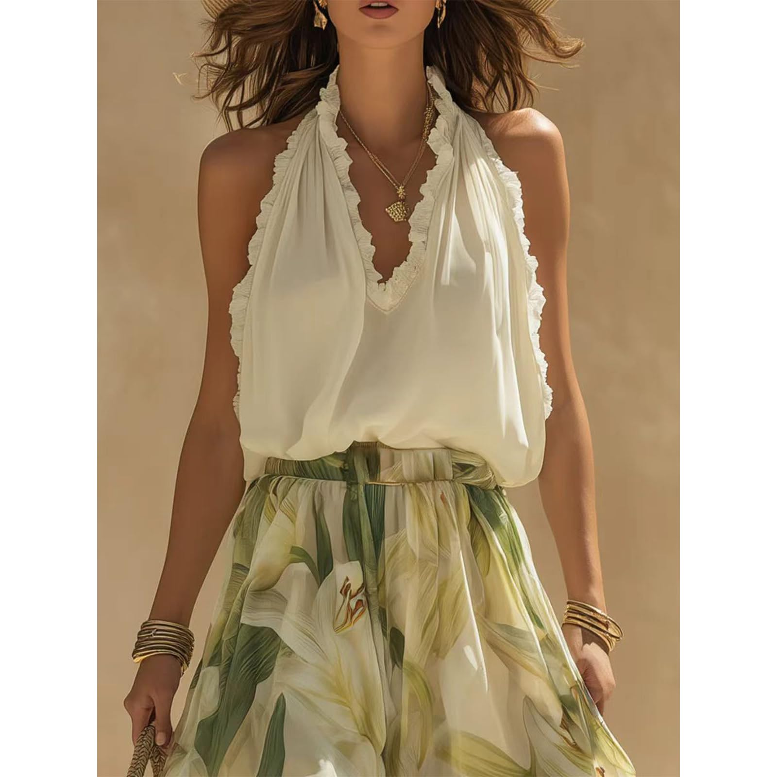 Tenue sexy 2 pièces pour femme, dos nu, col en V, volants, haut dos nu, imprimé floral, jambes larges, ensemble d'été décontracté pour les vacances