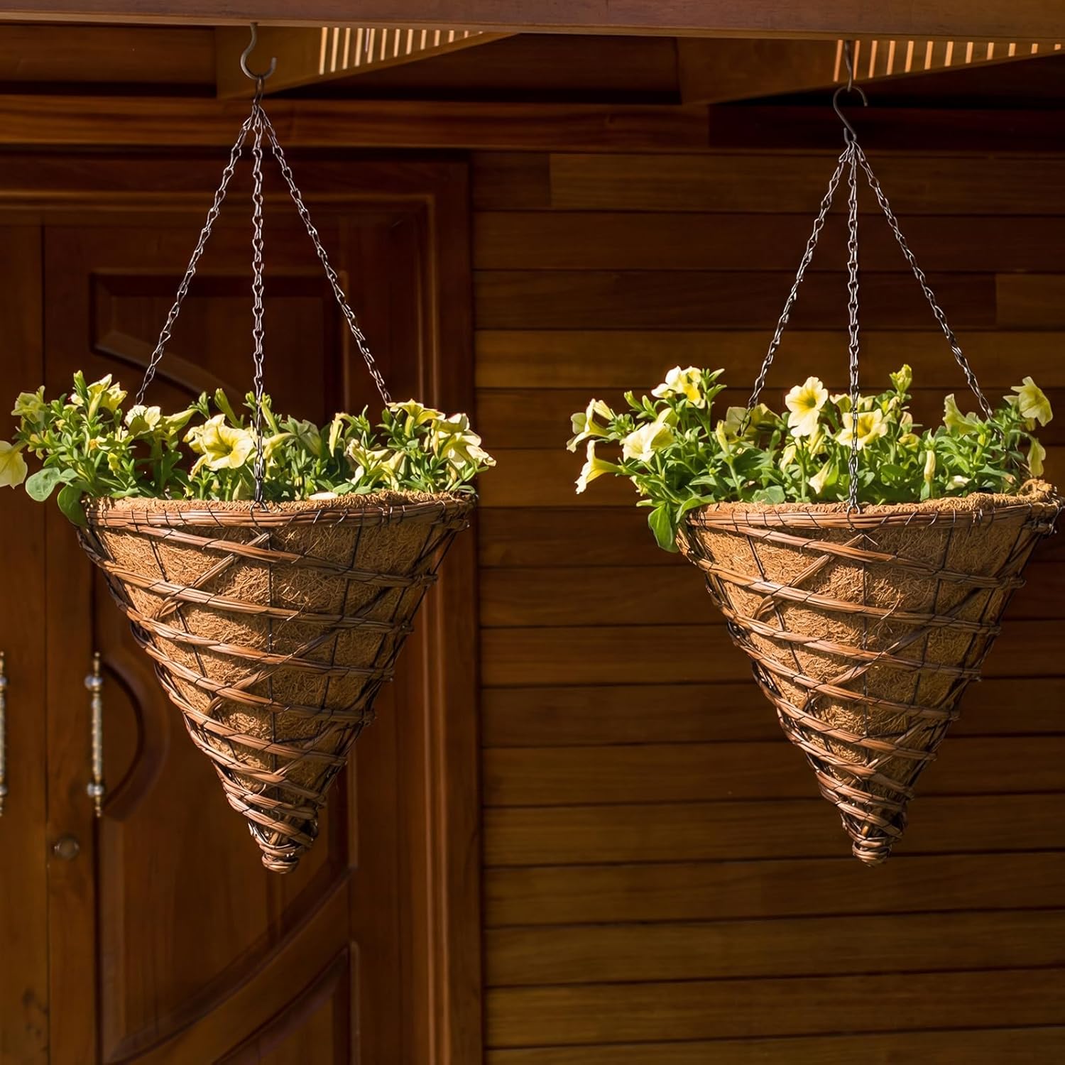 2 Pack 14" Cone Rattan Coco Moss Hanging Basket with Wire Hanger and Liner Heavy-Duty Wicker Hanging Planters with Coco Liner Plant Pot Flower Metal Wire Holder for Plant Balcony