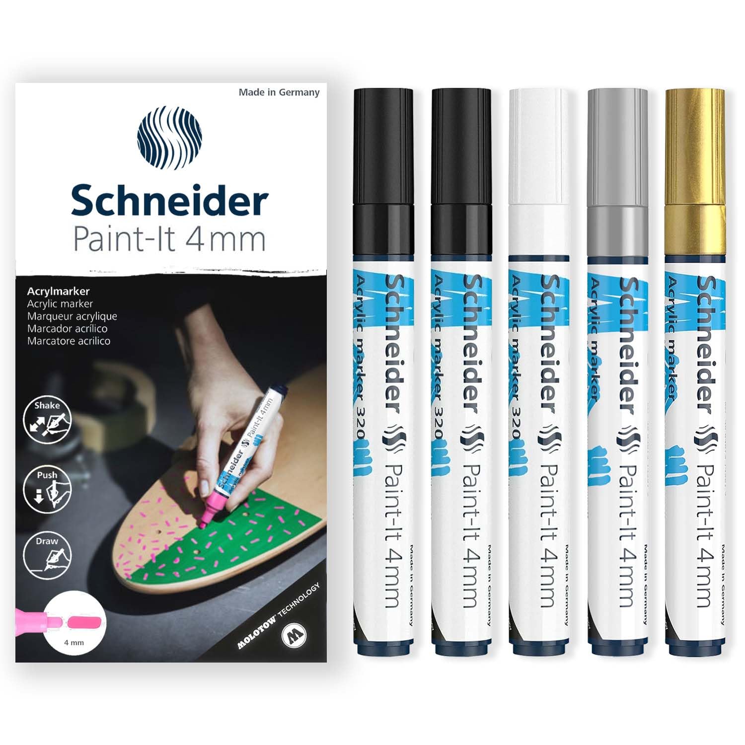 Schneider Paint-It - Juego de rotuladores acrílicos 320, punta redonda de 4 mm, alta cobertura, tinta negra, blanca, plateada y dorada, caja de regalo, paquete de 5 bolígrafos