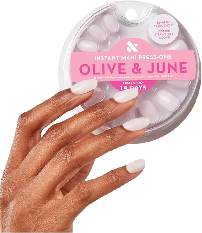 Olive & June Instant Mani Press-On Nails, Strawberry Scone | Salon-quality glue-on manicure kit; 42 non-toxic fake nails in 21 sizes, recycled materials, realistic look, lasts 14 days