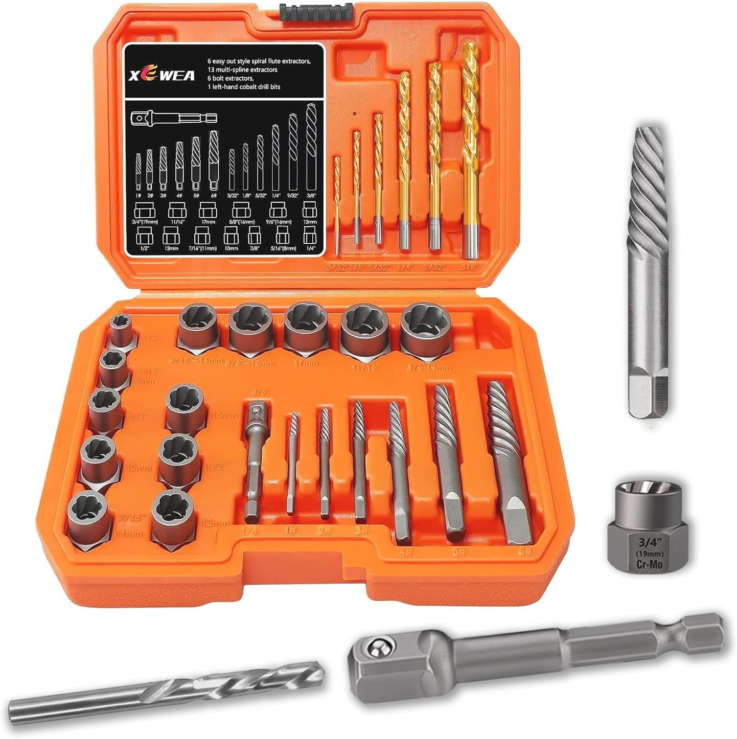 XEWEA 26PCS Screw & Bolt Socket Extractor with Left Drill Bit Set【with Hex Adapter】, Impact Easy Out Tools Stripped Screw Remover EZ Out Set for Damaged, Frozen, Rusted, Bolts, Nuts, Screws, Studs