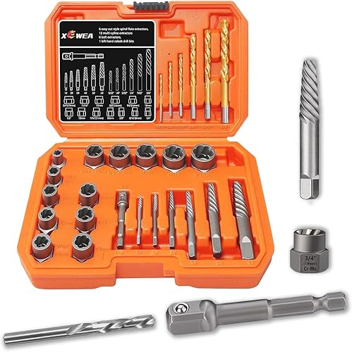 Miniatura 10 de XEWEA Juego de 49 piezas de extractor de tornillos y pernos con juego de brocas de mano izquierda, herramientas de extracción fácil de pernos rotos