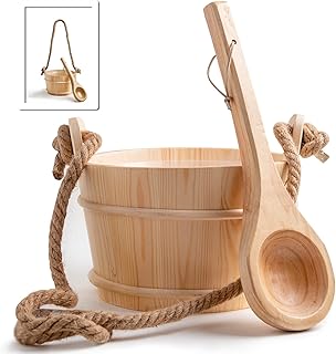 APFFSY Sauna Bucket and Ladle Cedar - Sauna Bucket, Sauna Accessories with Wooden Bucket Ladle Handmade, Lengthened Rope Handle and Plastic Liner
