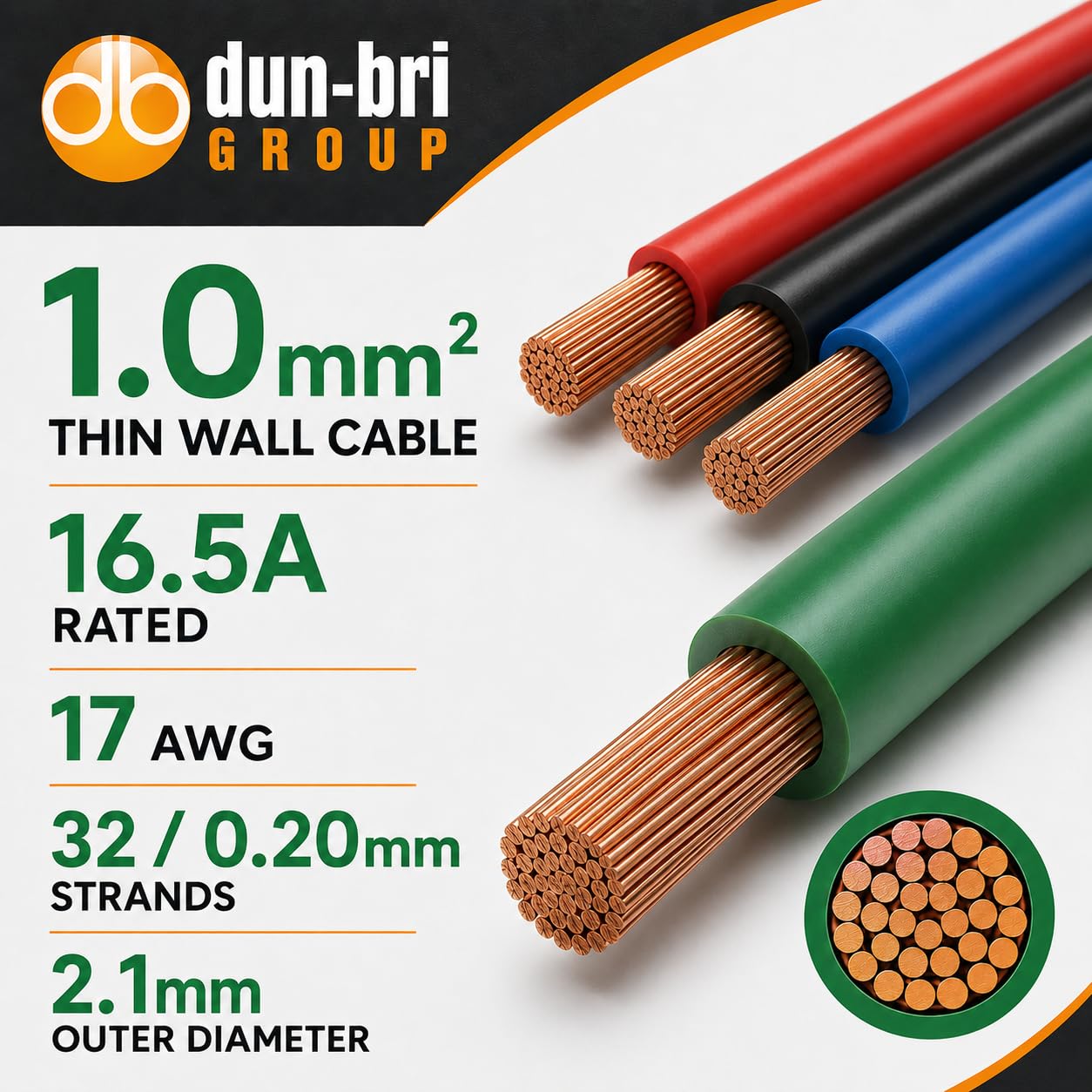 DBG - Cable automotriz de pared delgada de un solo núcleo, 1,0 mm² (16,5 A), 17 AWG, aislamiento de PVC a alta temperatura, ideal para proyectos de 12 V de autos, marinos y eléctricos (11 paquetes de