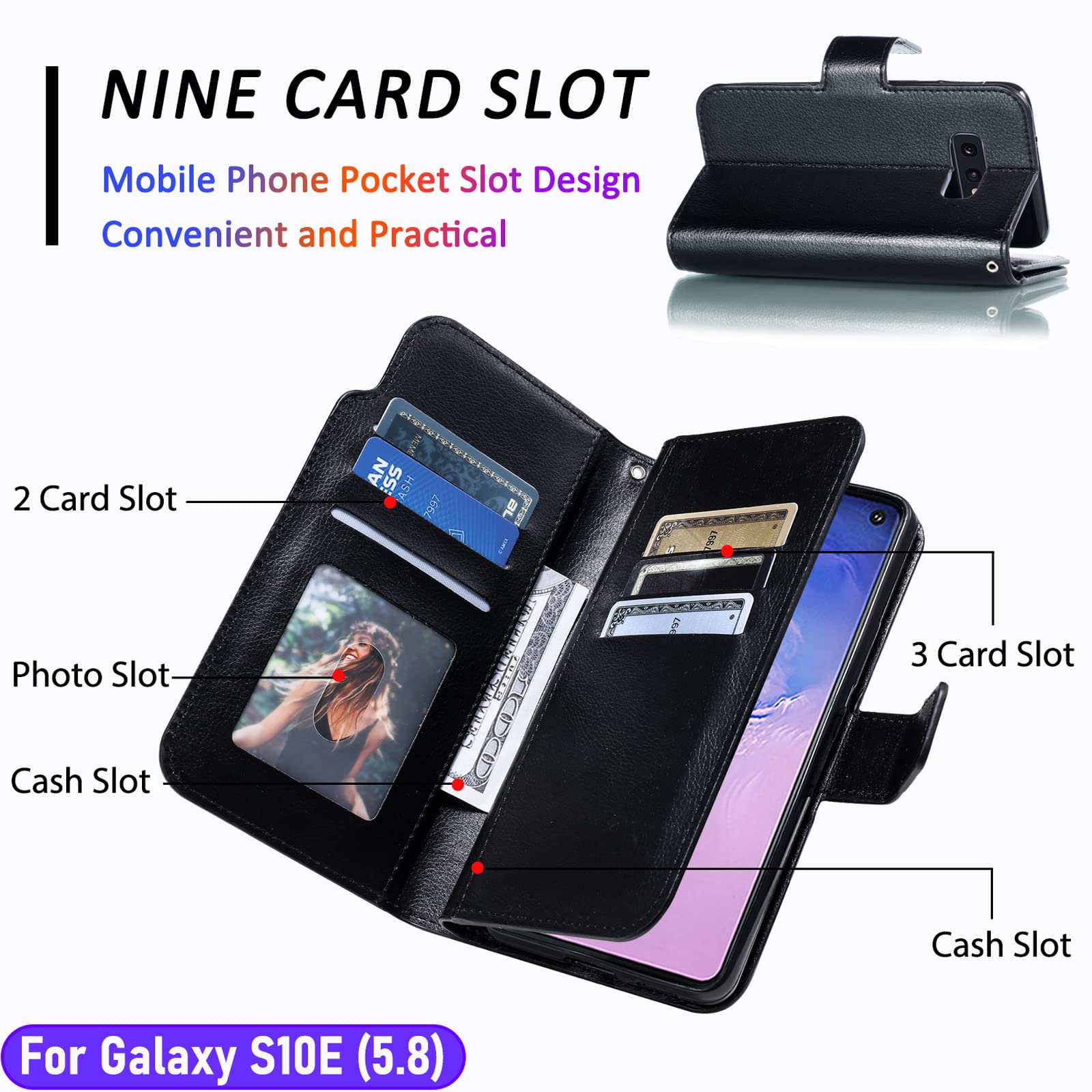 LMDAMZ for Galaxy S10E 5.8 Inch Wallet Case [3+ Card Slots] ID Business Card Credit Card Slot Carry Pouch with Stand Double Sided Multi-Card Slot Flip Folding PU Wallet Leather Case (Black)
