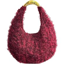 ENBEI Women's Hobo Bag, Burgundy Fluffy Top Handle Purse with Metal Handle, Soft Teddy Texture Handbag with Inner Lining, Fall Winter handBag for Party Wedding Daily Outfit