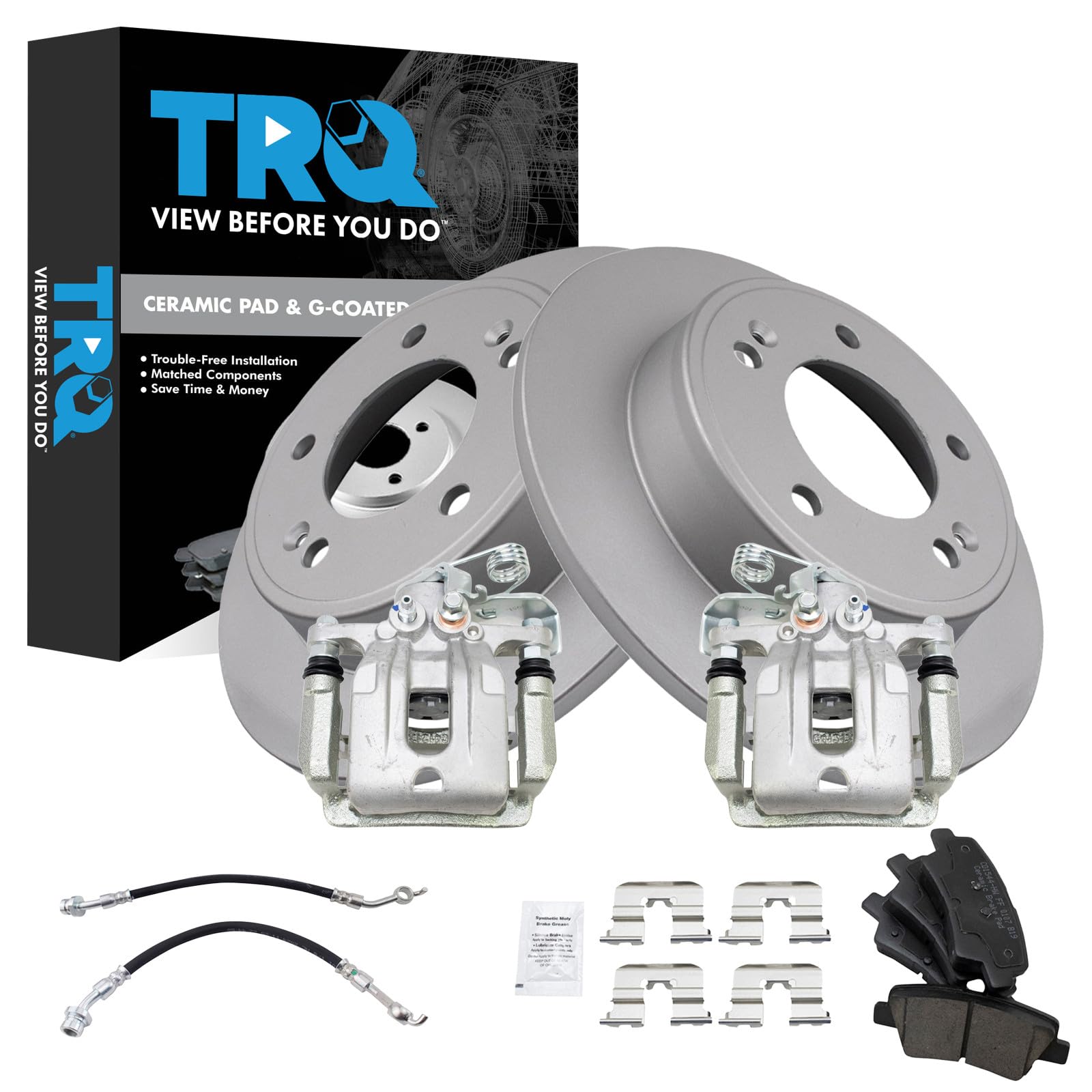 TRQ Rear Brake Pad and Rotor Set Ceramic Coated Rotors Calipers Compatible with 2011-2016 Hyundai Elantra 2013-2014 Elantra Coupe