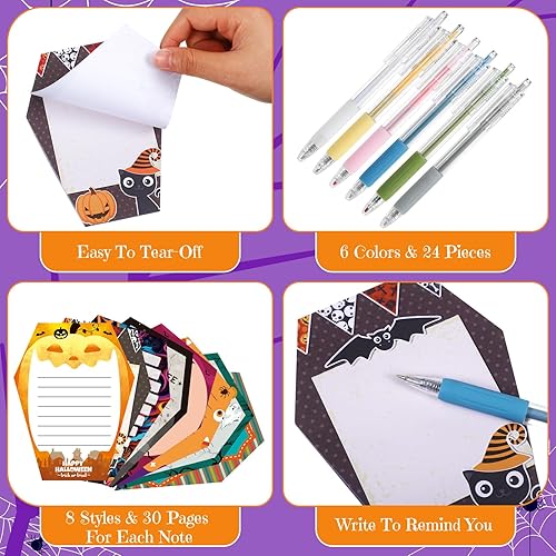 Miniatura 3 de Honoson 48 piezas de notas adhesivas y bolígrafos de Halloween, blocs de notas autoadhesivas, juego de regalos de oficina a granel, calabaza,