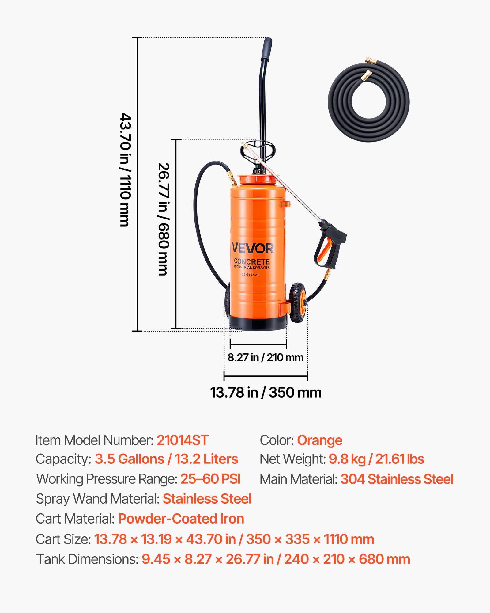 VEVOR Pulverizador de Hormigón Industrial con Carro, Pulverizador de Acero Inoxidable de Aprox. 13,2 L, Presión de 25-60 PSI, Depósito 24 x 21 x 68 cm, 2 Boquillas de Latón, para Construcción, Jardín