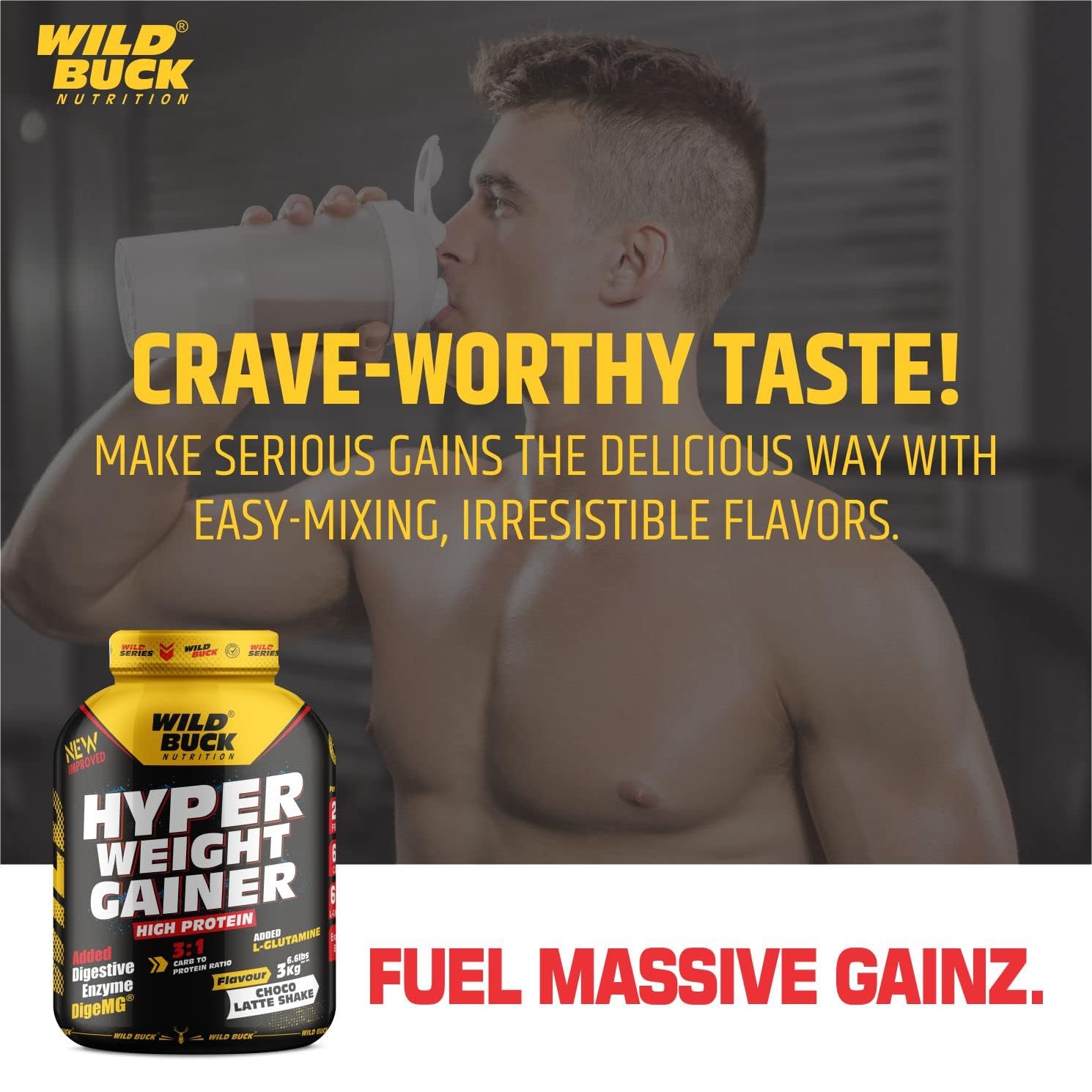 WILD BUCK Hyper Weight Gainer Powder High Protein Muscle Mass & Weight Gainer With L-Glutamine & Digestive Enzymes |For Men & Women [Choco Latte Shake, 3 Kg / 6.6 Lb], 1 count, 75 servings — Amazon image 6