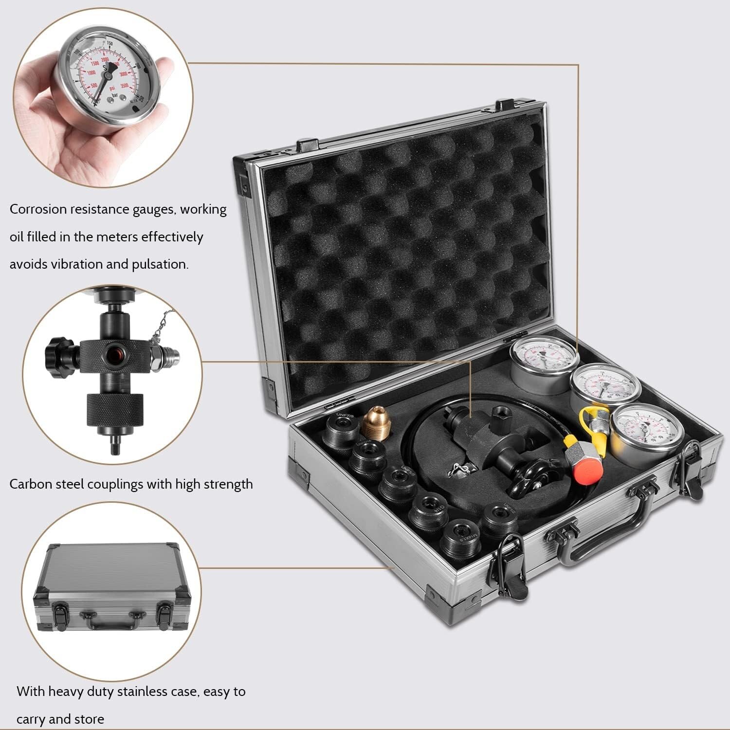 GK-01 Hydraulic Nitrogen Accumulator Pressure Test Kit, Gas Charging Tools with 3 Gauges, 7 Adapters, 1500-6000 PSI for Hydraulic Systems