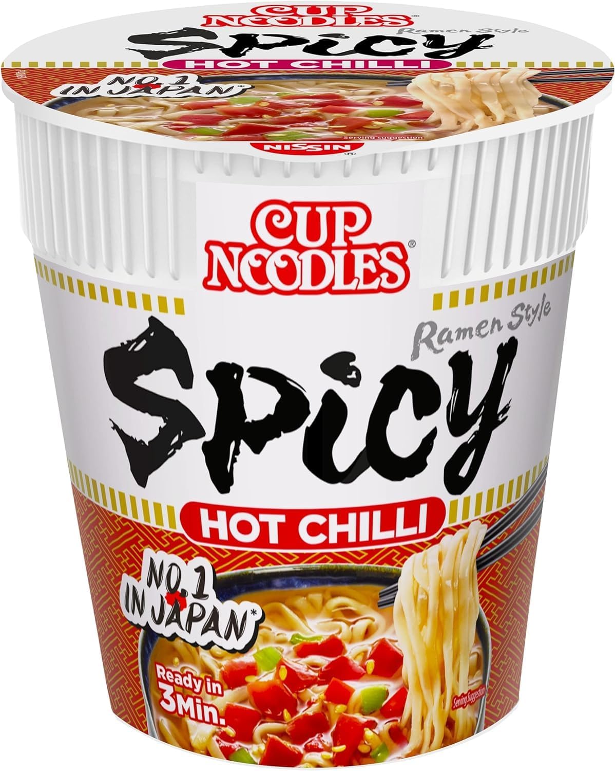 NISSIN Cup Noodles Spicy Hot Chilli Flavoured Instant Noodles, 64 g Pot (Pack of 8)