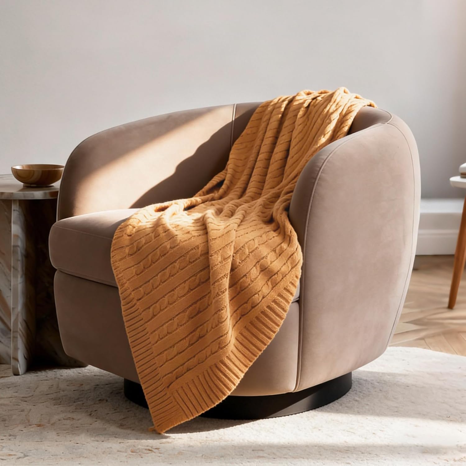100% Pure Cotton Cable Knit Throw Blanket, Ultra Soft Breathable All Seasons Comfy Knitted Lightweighted Washable Blanket for Couch Bed, Farmhouse Home Decor, Gift Package, 60" x 70" Camel