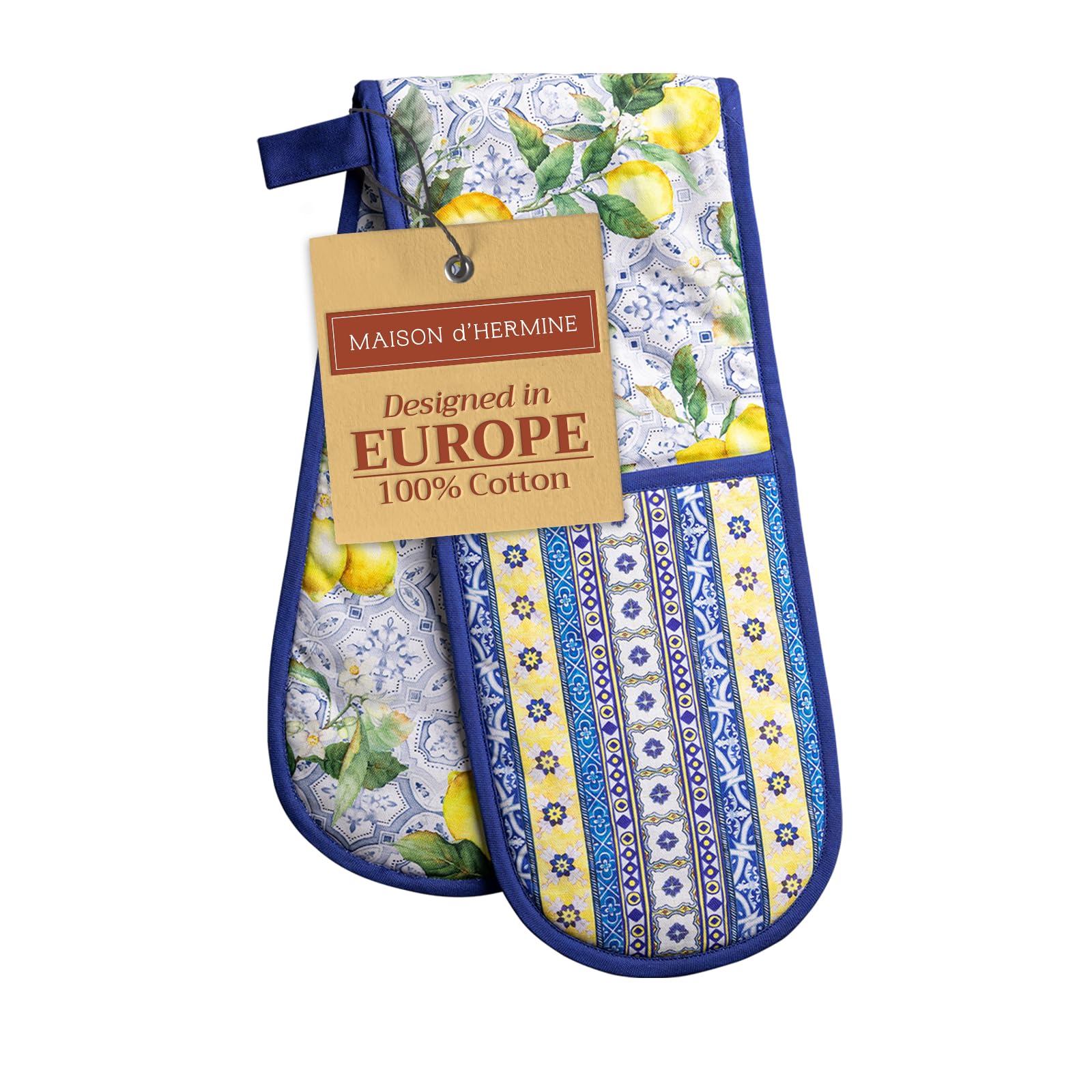 Maison d' Hermine Double Oven Mitts 100% Cotton 18 cm x 89 cm Double Oven Mitt Heat Resistant BBQ Cooking Gloves with Loop Baking Grilling Handling Hot Pans Spring Summer (Citrus)
