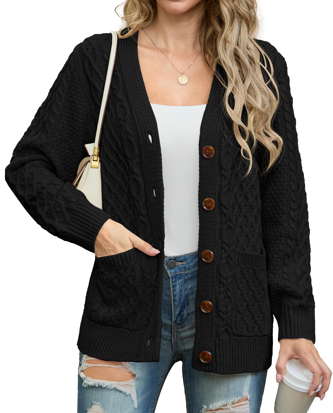 GRECERELLE Women 2025 Fall Long Sleeve Cable Knit Sweater Button Open Front Cardigan Loose Outerwear Coat with Pockets