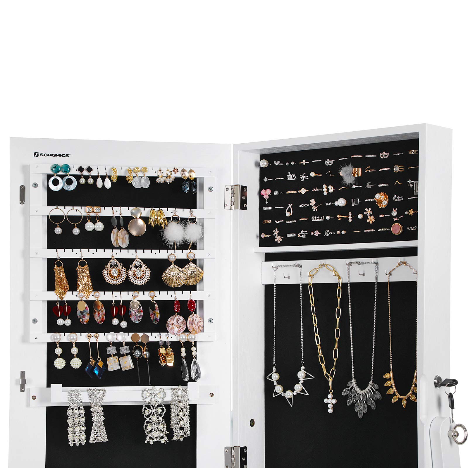 SONGMICS Schmuckschrank, Spiegelschrank, Standspiegel, GanzkÖrperspiegel, Geschenk, einfacher Aufbau, weiß JJC69WT