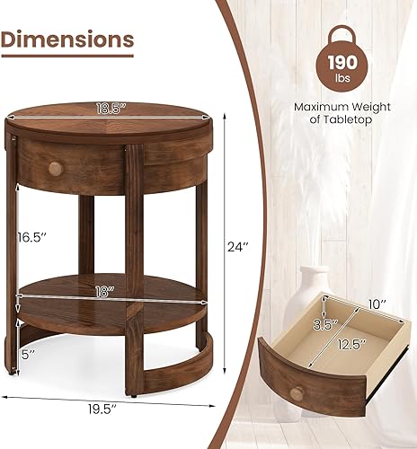 Miniatura 3 de Giantex Mesa auxiliar redonda, mesa auxiliar de madera de 2 niveles con cajón y estante, acabado de grano de madera vintage, mesita de noche
