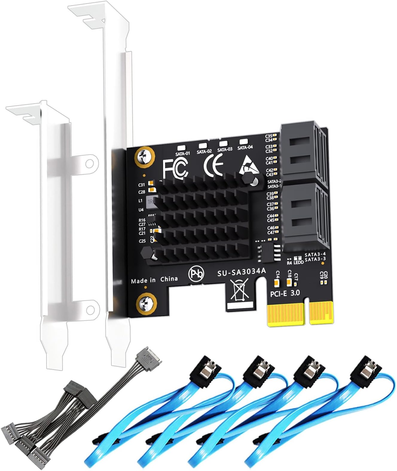 GLOTRENDS SA3034A 4 Ports PCIe SATA 3.0 Expansion Card, Support OS Booting, Including SATA Cables and 1:5 SATA Splitter Power Cable, Compatible with Windows, Linux, Mac OS, NAS