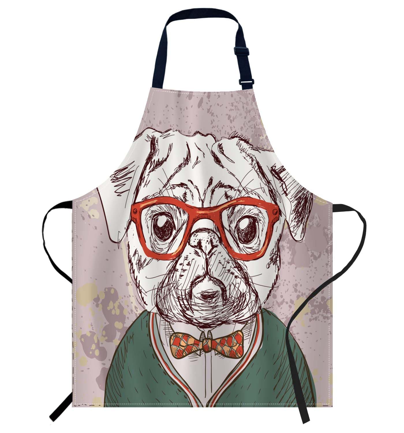 Smooffly Hipster Pug Dog Apron Chefs Apron, Cooking and Baking Apron for Men and Women, Kitchen Aprons, Butchers Apron, BBQ & Catering Bibs