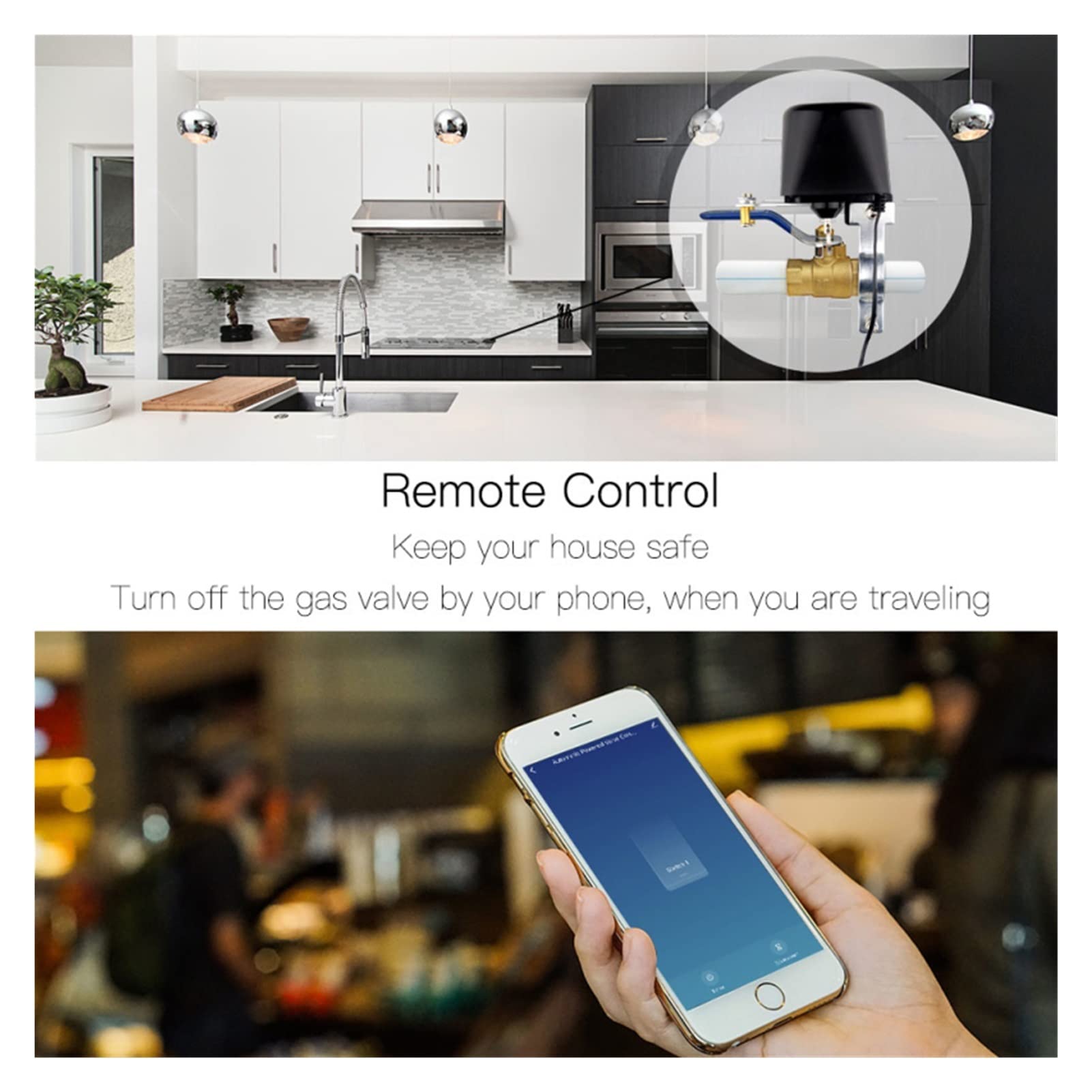 Válvula de agua inteligente Cierre la válvula de agua Controlador de válvula de gas Wifi Válvula de agua inteligente Cierre el control de la aplicación Trabajo automático con sensor de agua Control