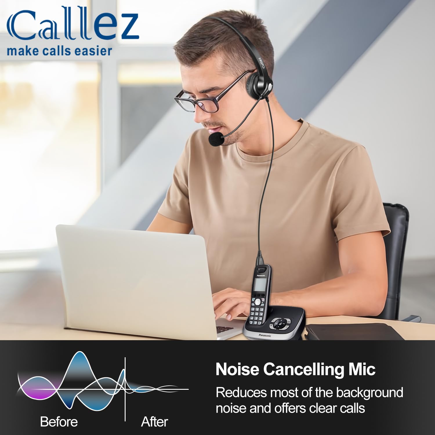Callez 2,5 mm bezprzewodowy zestaw słuchawkowy do telefonu mono, zestaw słuchawkowy z mikrofonem z redukcją szumów do DECT Siemens Gigaset C430 C530 Panasonic Cisco Polycom Call Center Home Office