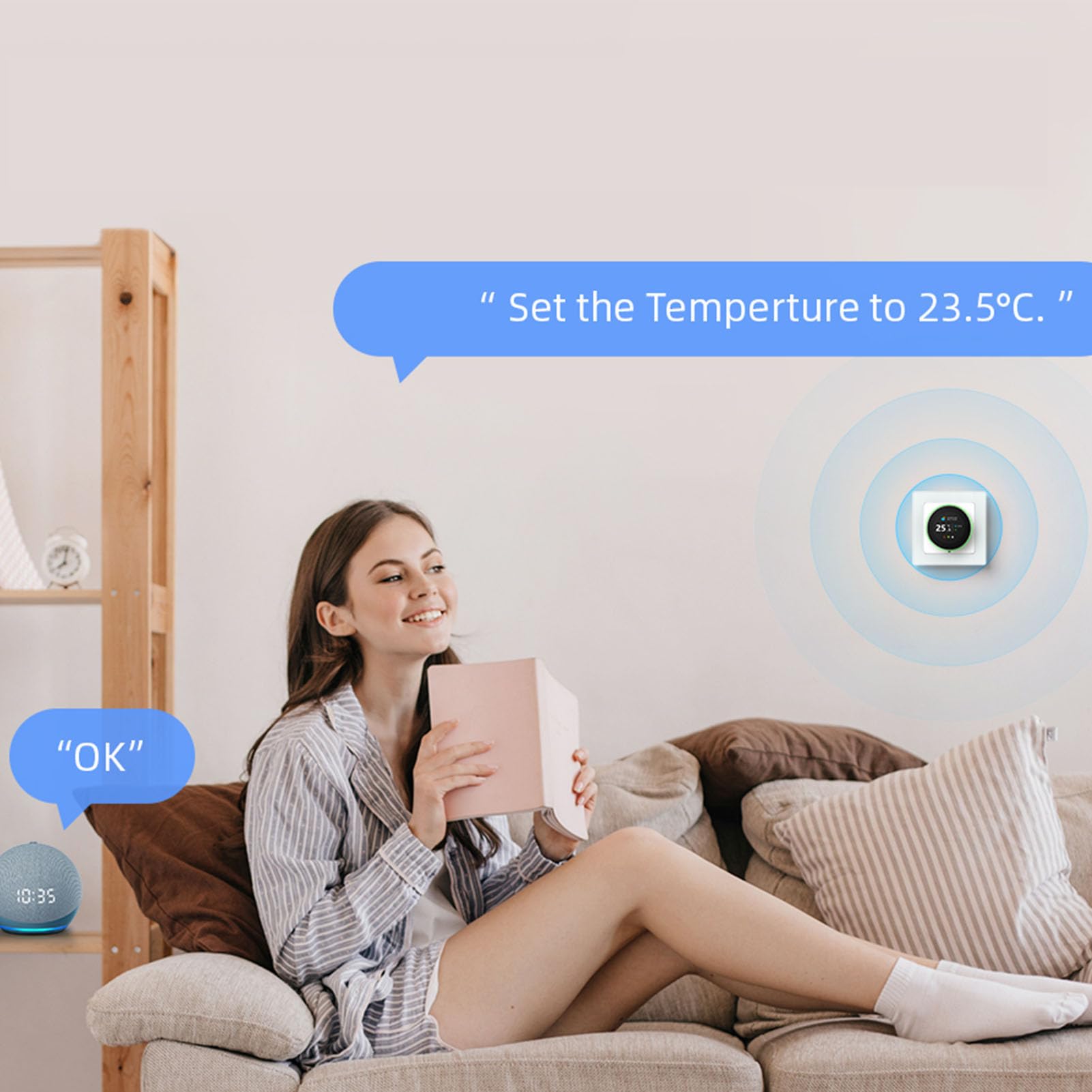 Inteligentny Termostat Wi-Fi, Dwukierunkowe Pokrętło, Programowalna Kontrola Temperatury, Zdalne Polecenia Głosowe, Idealny do Ogrzewania Domu