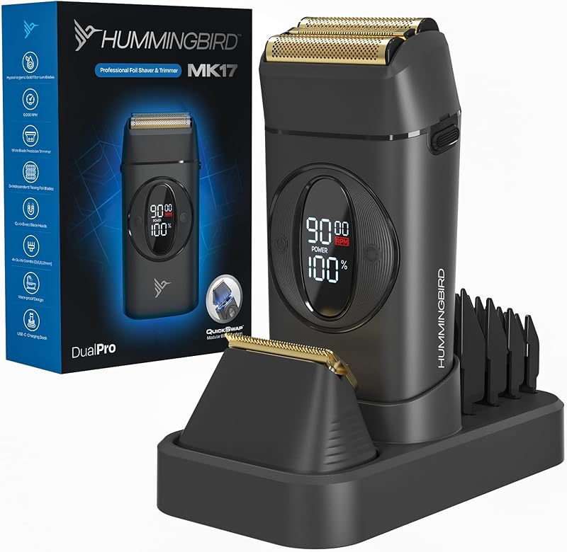 Barbeador elétrico HUMMINGBIRD MK17 DualPro com aparador de barba, lâminas douradas de titânio, corpo metálico, visor digital, Wet/Dry, USB-C e base de carregamento sem fio