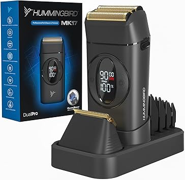 HUMMINGBIRD MK17 DualPro Foil Shaver & Beard Trimmer for Men Gold Titanium Blades, Turbo Shaving & Torque Control, Metal Body, Digital Battery & RPM Display, Wet/Dry, USB-C & Wireless Charging Dock