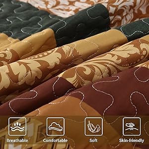 DJY Boho Quilt Set King Size Brown Green Bohemian Striped Bedspread Coverlet Set, Boho Floral Pattern Soft Microfiber Quilted Bedding Set for All Season, 104''x90''