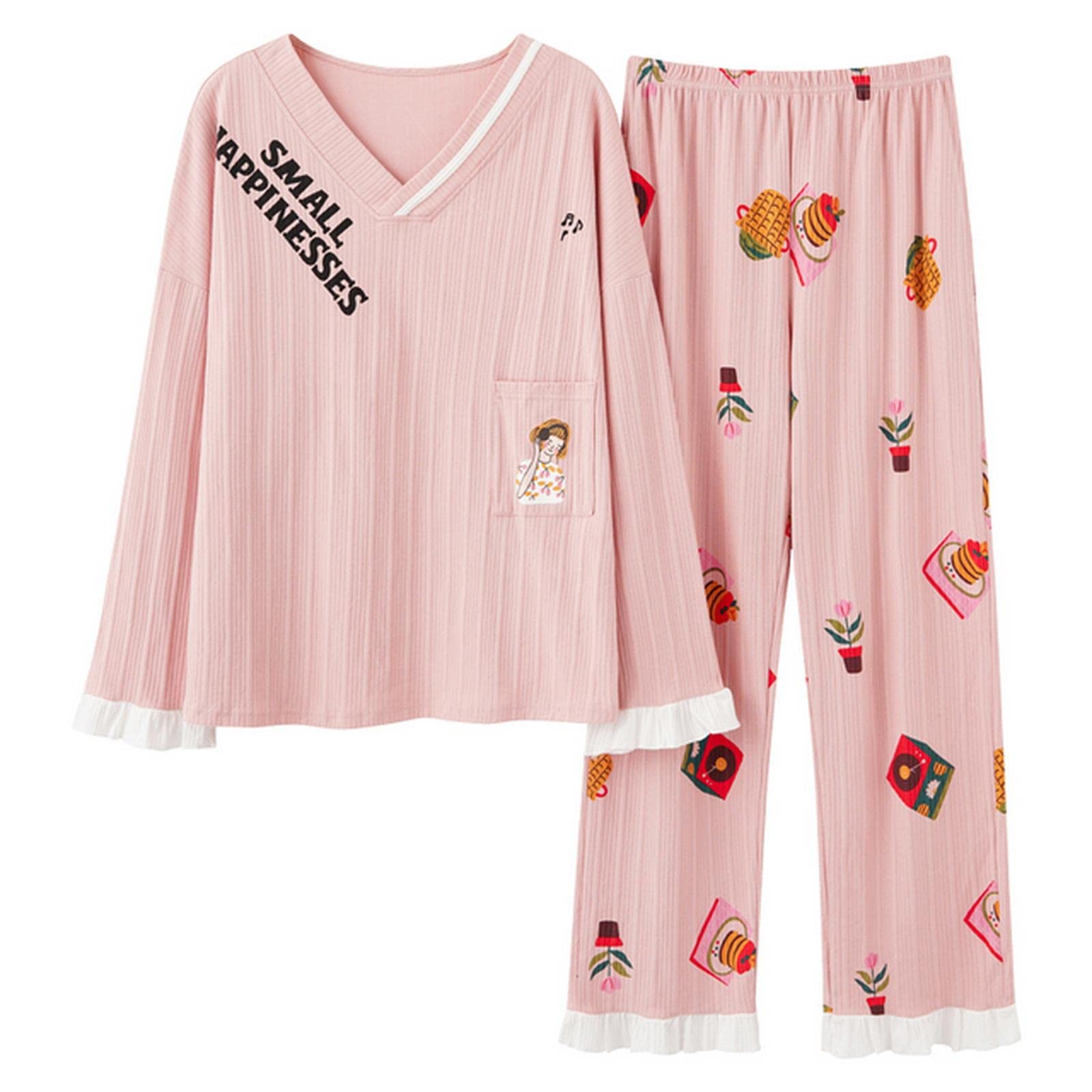 MOGSA Damen-Schlafanzug Damen-Pyjama-Sets Weiche Nachtwäsche Herbst Winter Langarm Pyjama Cartoon Druck Nachtwäsche Damen-A6625,M