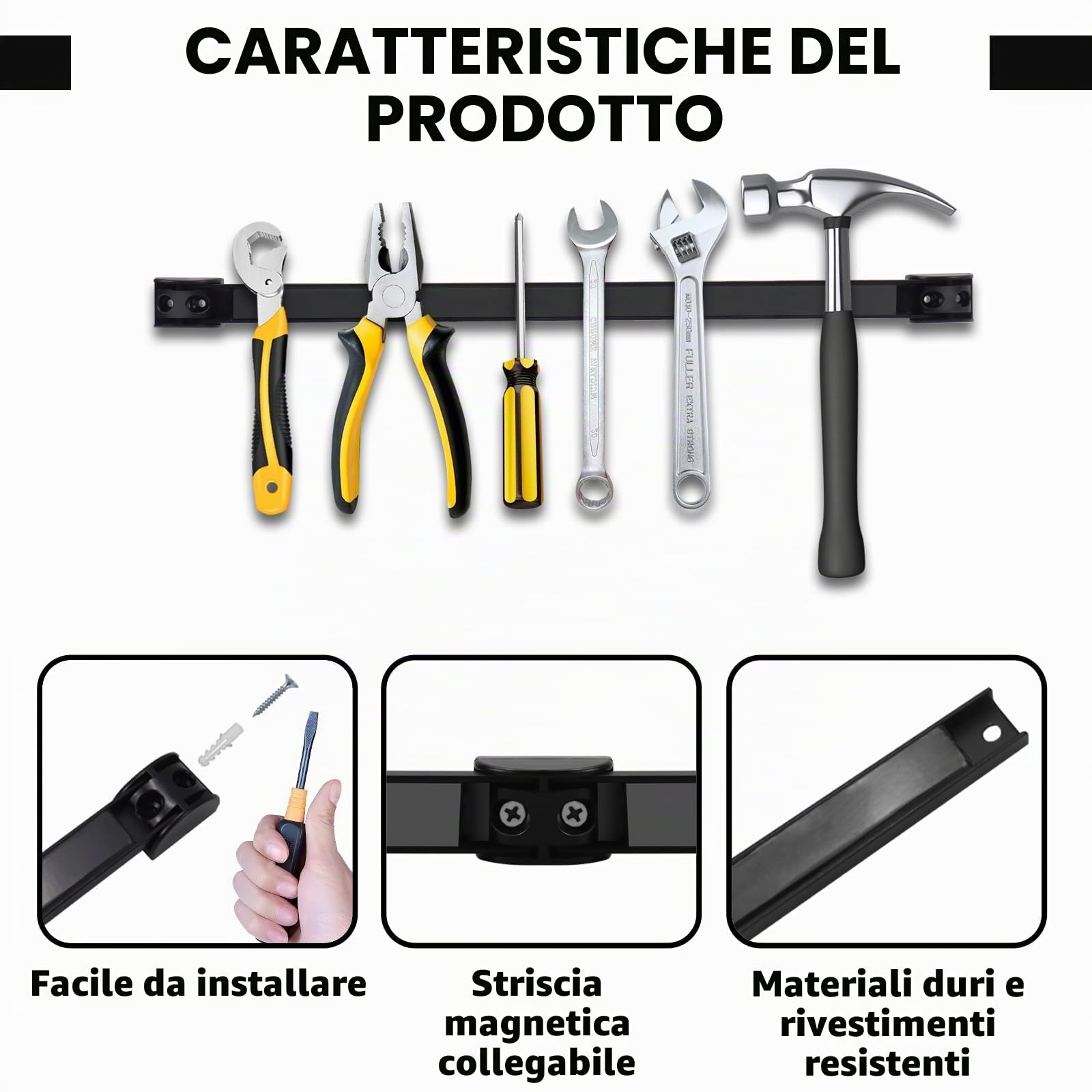 Barra magnetica per attrezzi, 5 pezzi, set di barre magnetiche da 40 cm, supporto magnetico da parete per cucina, garage, officina