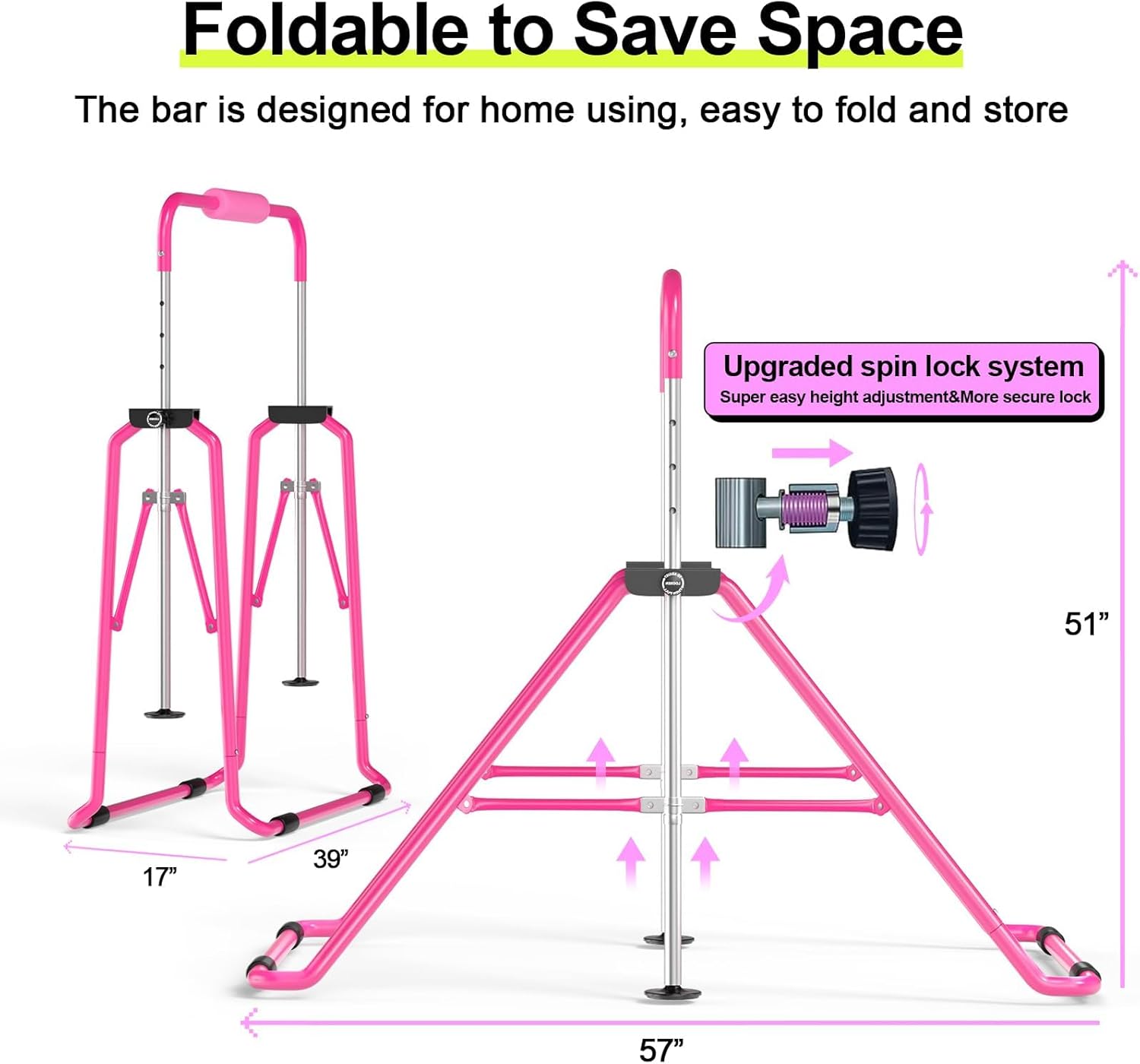 Safly Fun Gymnastics Bar with Mat for Kids, Foldable & Adjustable 35"-51", Supports 141Lbs with Pad, Easy to Assemble, Gymnastics Equipment for Indoor/Outdoor Training