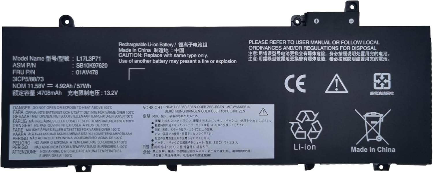 L17L3P71 Laptop Battery Replacement for Lenovo ThinkPad T480S Series Notebook 01AV478 01AV480 01AV479 SB10K97621 SB10K97622 SB10K97620 L17M3P72 [11.58V 57Wh]