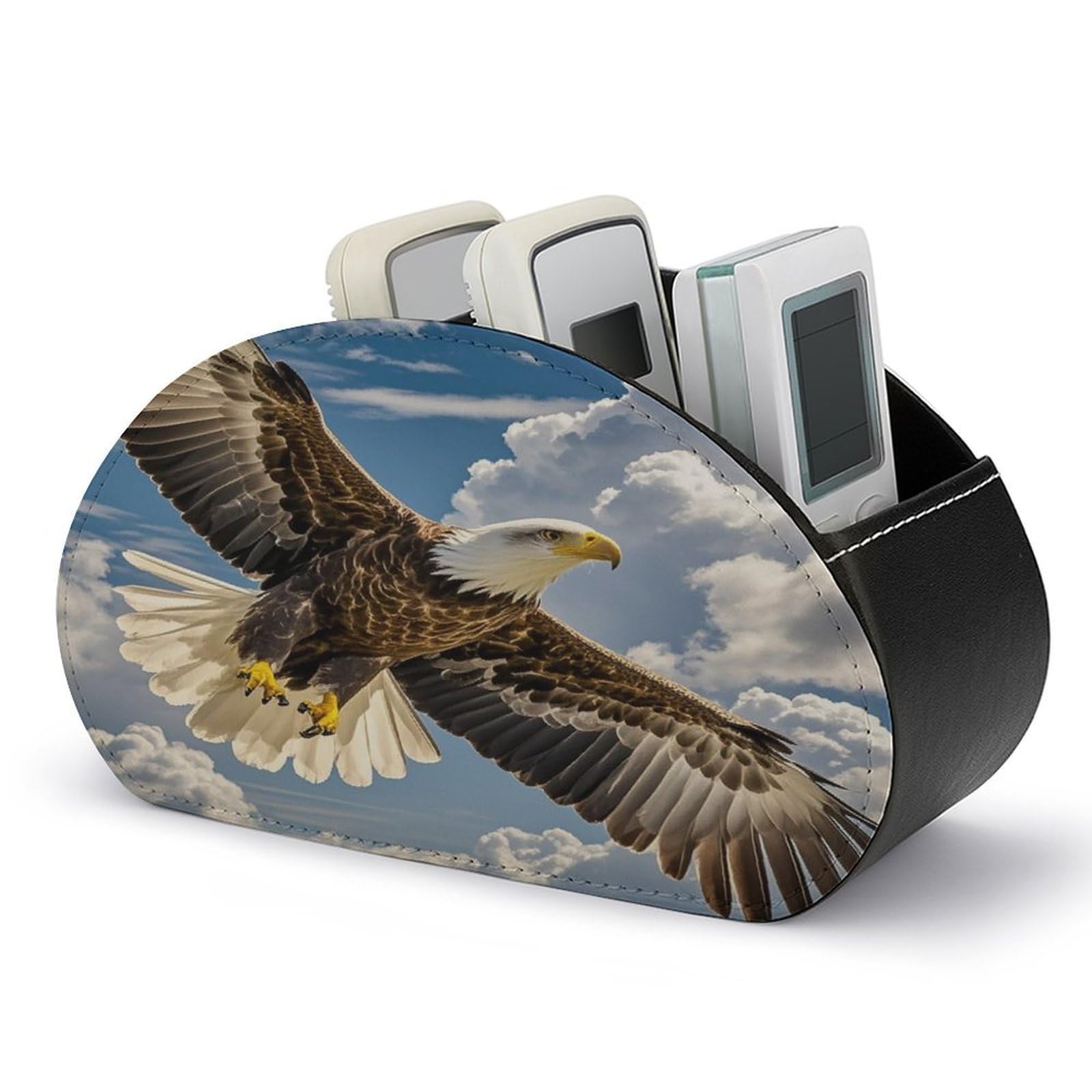 FekiLoot An Eagle TV Remote Control Holder with 5 Compartments Multi-functional Leather Bedside Table Remote Caddy Desktop Storage Box for Store Pen Controller Media Player Cosmetic