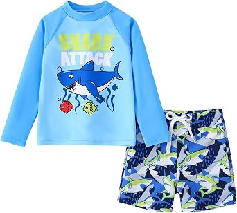 AIWUHE Toddler Boys Swimsuit Set Two Piece Shark Bathing Suit Swimwear Quick Dry Long Sleeve Rashguard and Swim Trunks 2-7Y