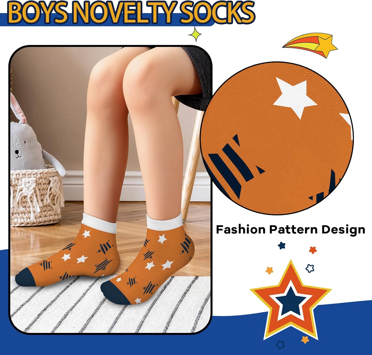 6 Pairs Kids Boys Ankle Socks Low Cut Cartoon Playful Star Stripes Breathable No Show Socks aged for 2-11 Years - Image 3