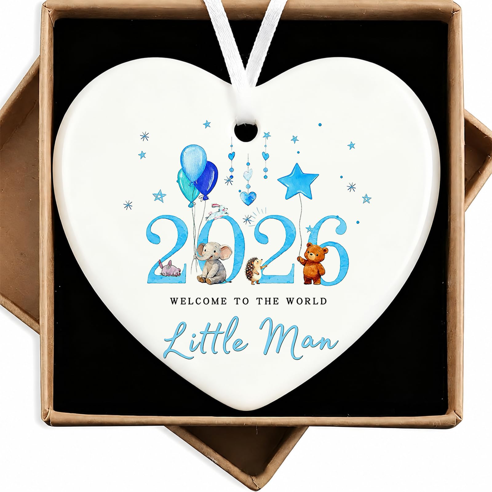Newborn Baby Boy Ceramic Heart Keepsake – "Little Man" Hanging Ornament in Blue Gift Box, Nursery Wall Art for Baby Shower, New Mum Present 7.5x7.5cm