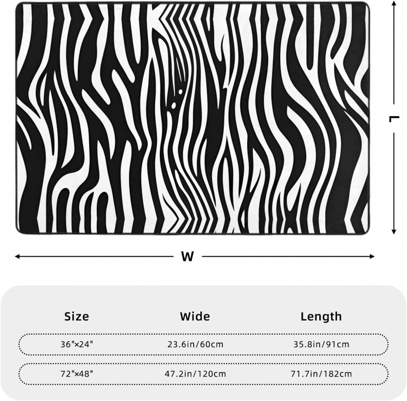 Black and White Zebra Stripes Prints Anti-Slip Floor mat Carpet Rug 72"x48" for Living Room Office Coffee Table Bed Balcony