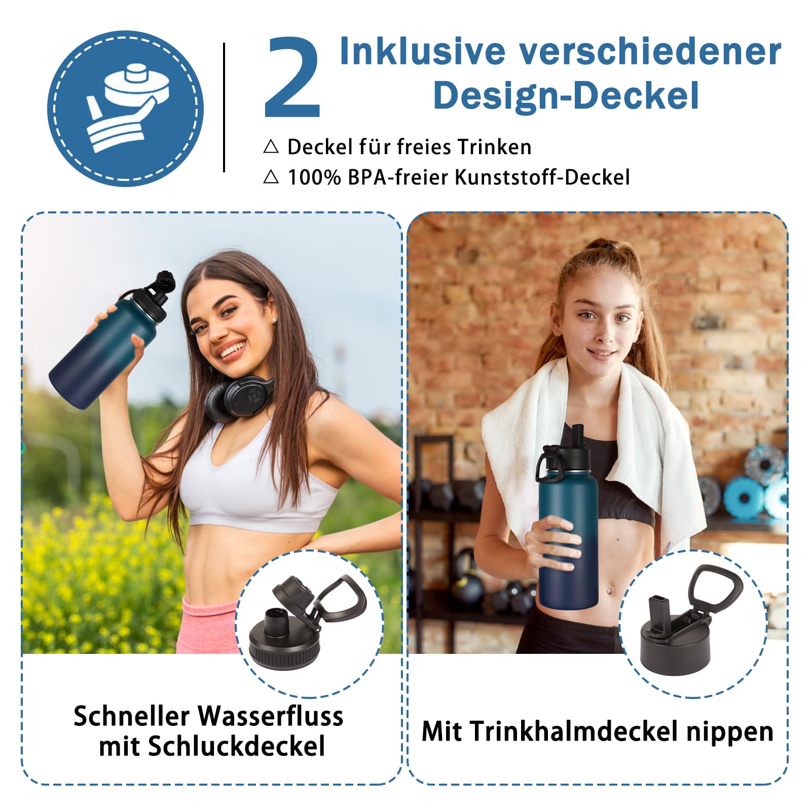 Volhoply 1000ml Trinkflasche Edelstahl, 1 Liter vakuumisolierte doppelwandige Thermosflasche mit Strohhalm und Griff, inkl. 2 Deckeln, BPA-frei Isolierflasche für Outdoor Sport(Nachtschwarz,4er-Set)