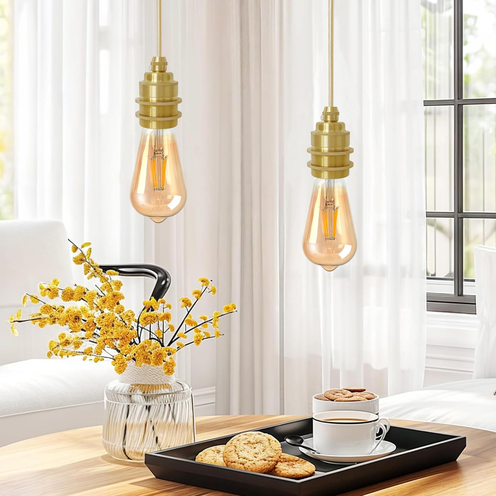 3 Stücke Gold Lampenaufhängung, E27 Metall Retro Lampenfassung Pendelleuchte 120cm Textilkabel Höhenverstellbar Vintage Hängeleuchte, DIY Hängelampe für Küche Wohnzimmer Esszimmer (Ohne Glühbirne)